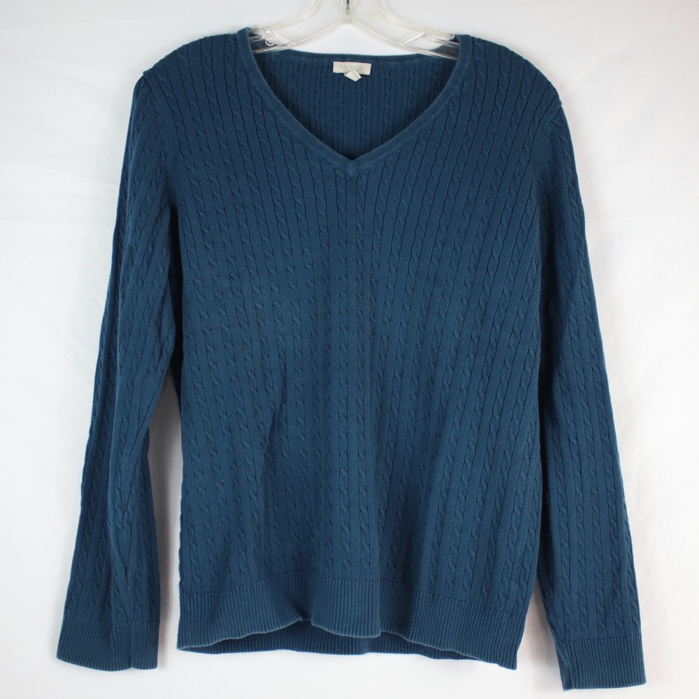 Talbots Teal‎ Cable Knit Long Sleeve V-Neck Pullover Sweater Womens Size L